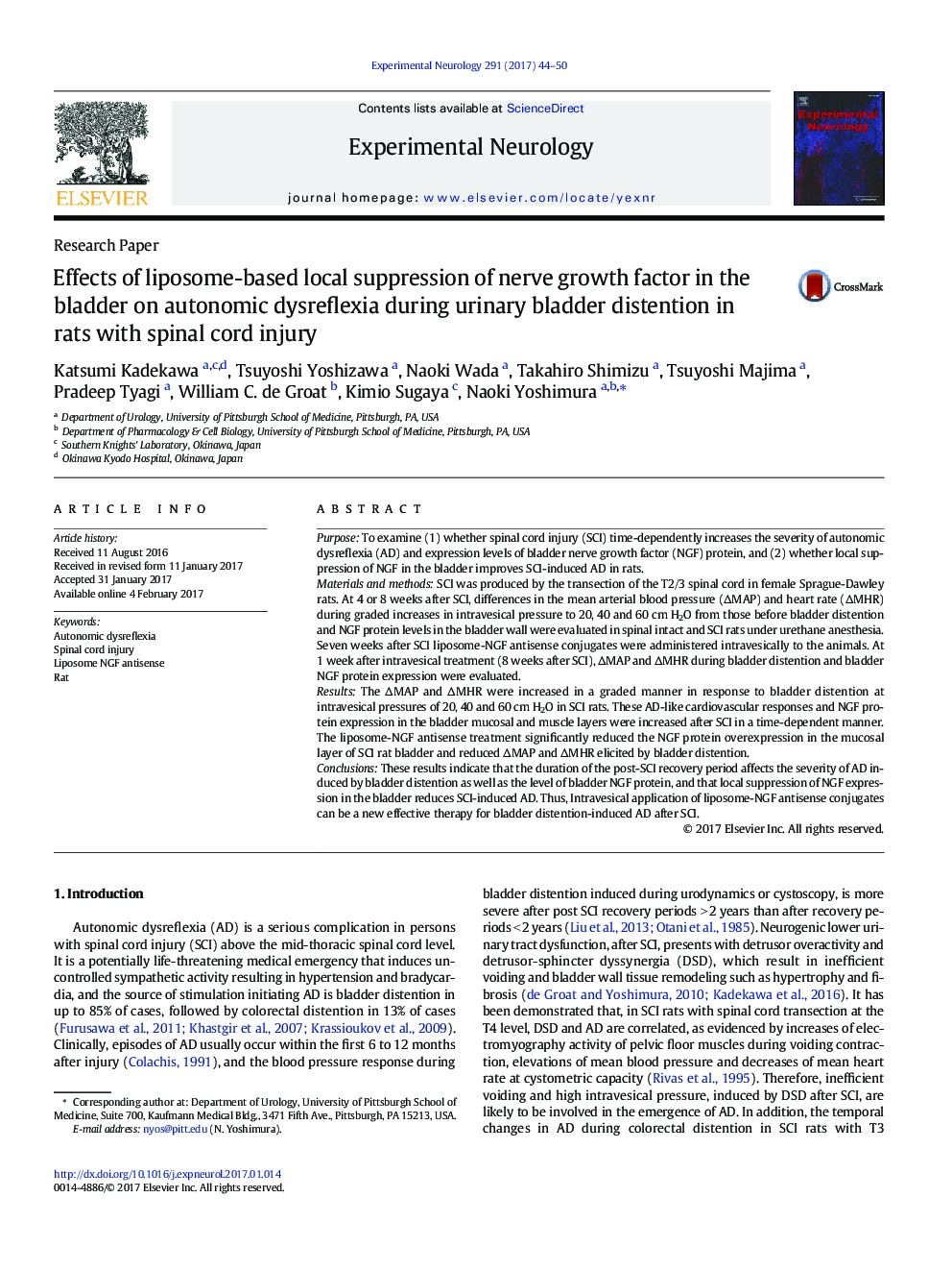 Research PaperEffects of liposome-based local suppression of nerve growth factor in the bladder on autonomic dysreflexia during urinary bladder distention in rats with spinal cord injury