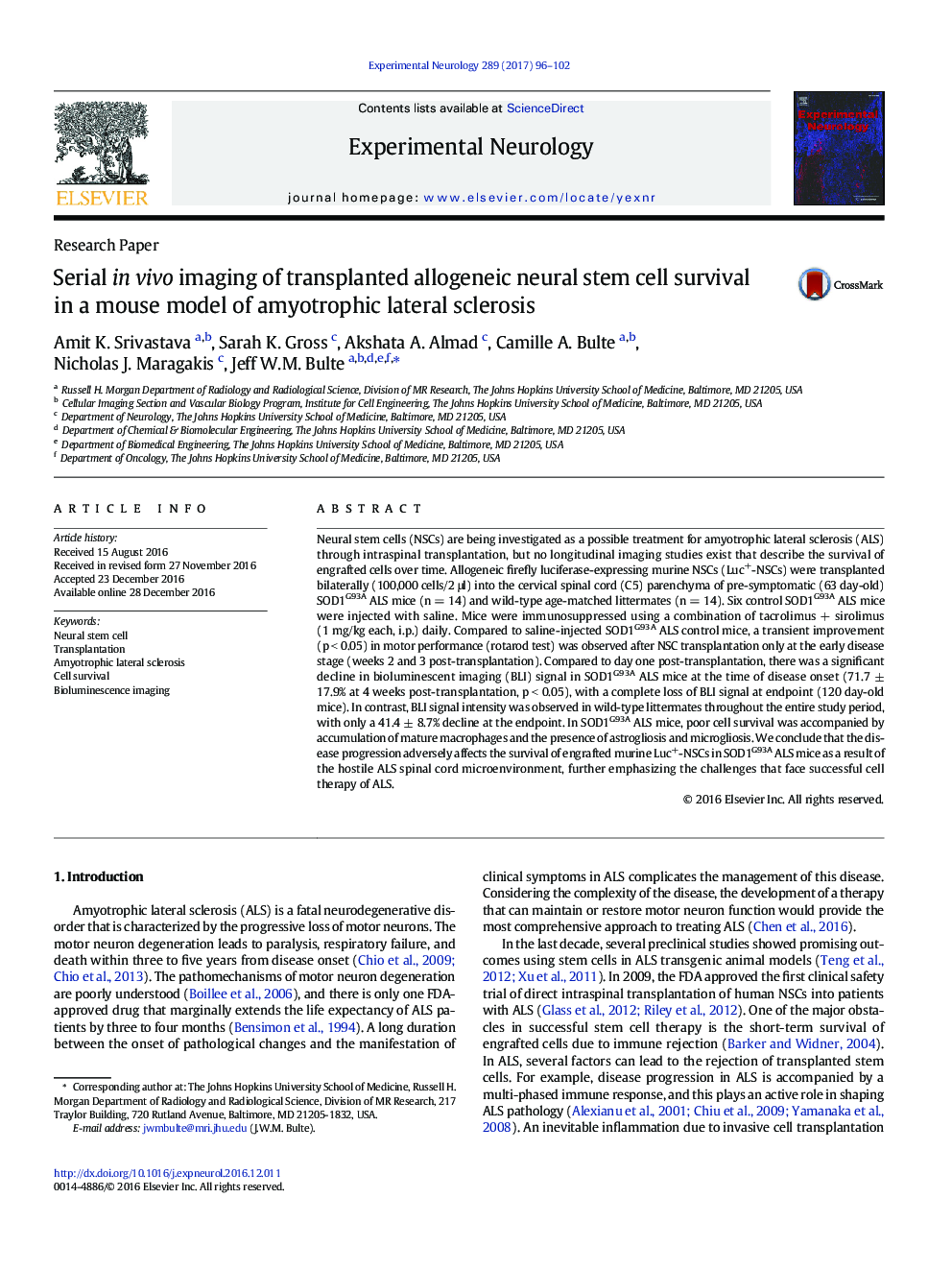 Research PaperSerial in vivo imaging of transplanted allogeneic neural stem cell survival in a mouse model of amyotrophic lateral sclerosis