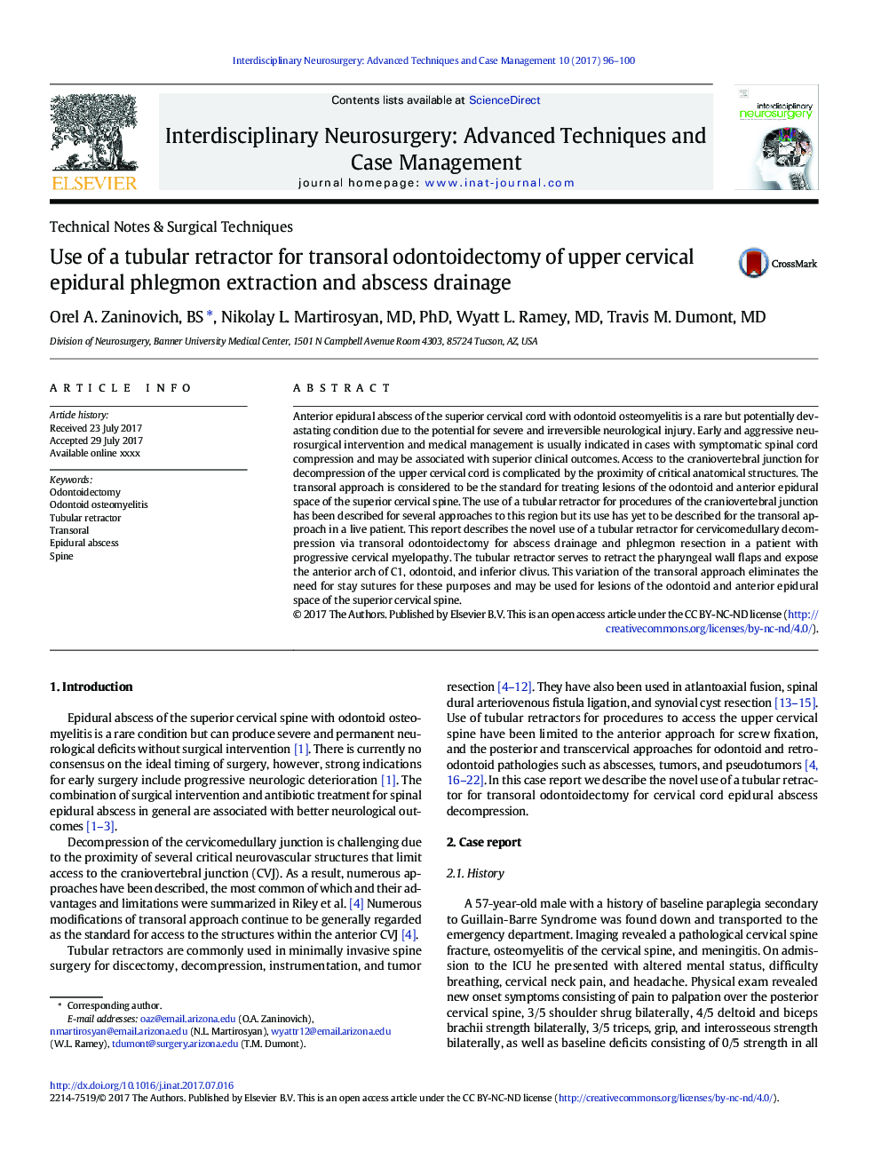 Technical Notes & Surgical TechniquesUse of a tubular retractor for transoral odontoidectomy of upper cervical epidural phlegmon extraction and abscess drainage