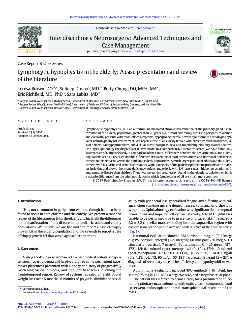 Case Report & Case SeriesLymphocytic hypophysitis in the elderly: A case presentation and review of the literature