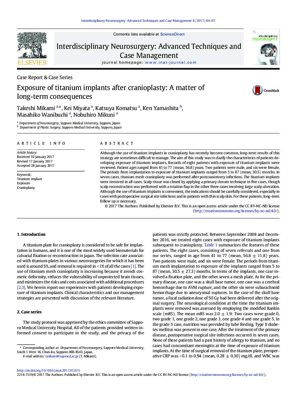 Case Report & Case SeriesExposure of titanium implants after cranioplasty: A matter of long-term consequences