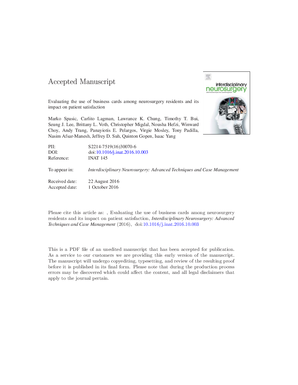 Evaluating the use of business cards among neurosurgery residents and its impact on patient satisfaction