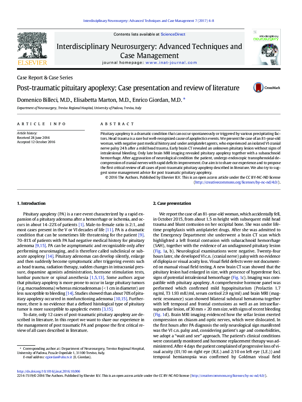 Case Report & Case SeriesPost-traumatic pituitary apoplexy: Case presentation and review of literature