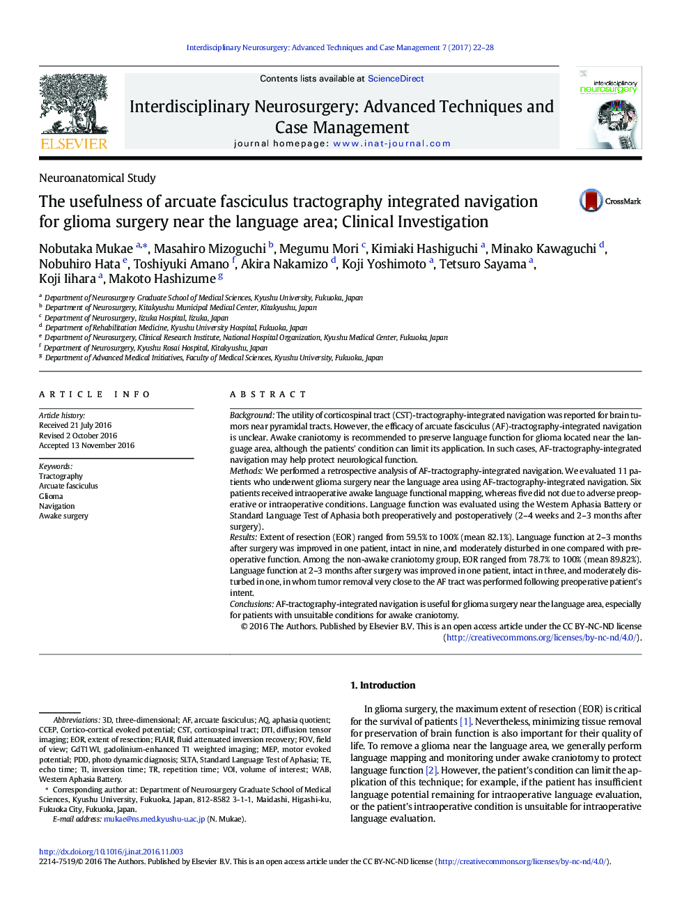 Neuroanatomical StudyThe usefulness of arcuate fasciculus tractography integrated navigation for glioma surgery near the language area; Clinical Investigation