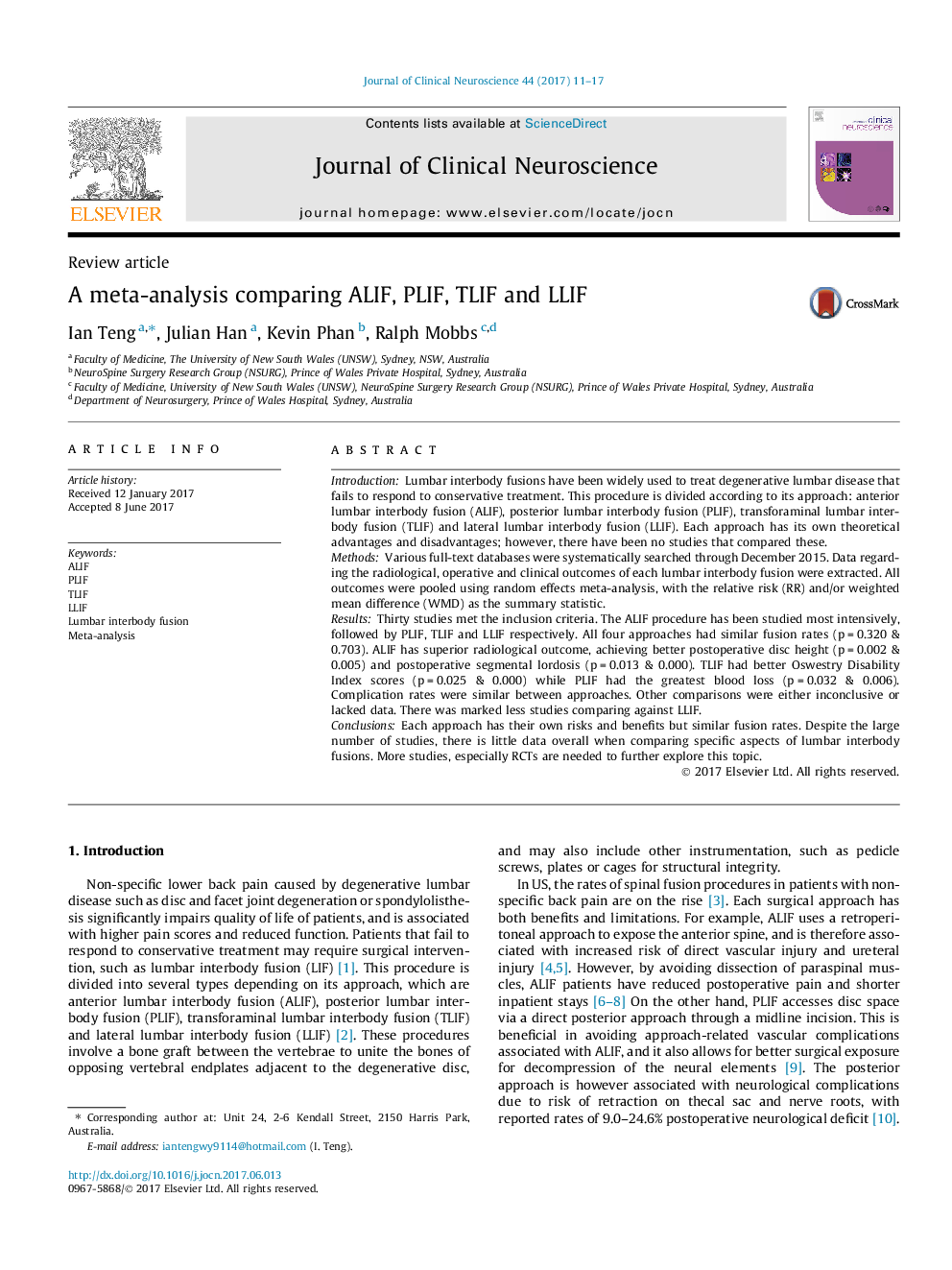 Review articleA meta-analysis comparing ALIF, PLIF, TLIF and LLIF