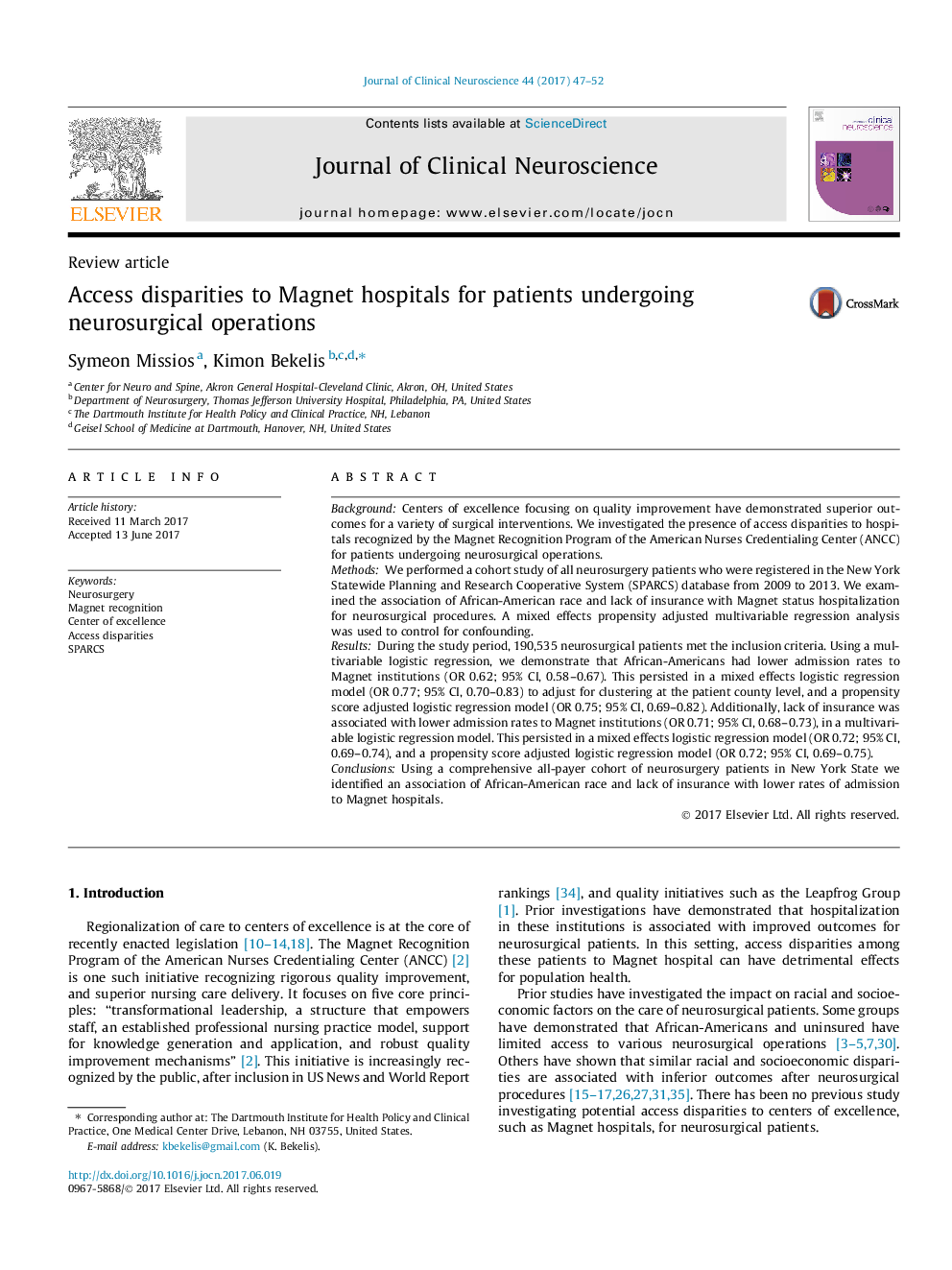 Review articleAccess disparities to Magnet hospitals for patients undergoing neurosurgical operations