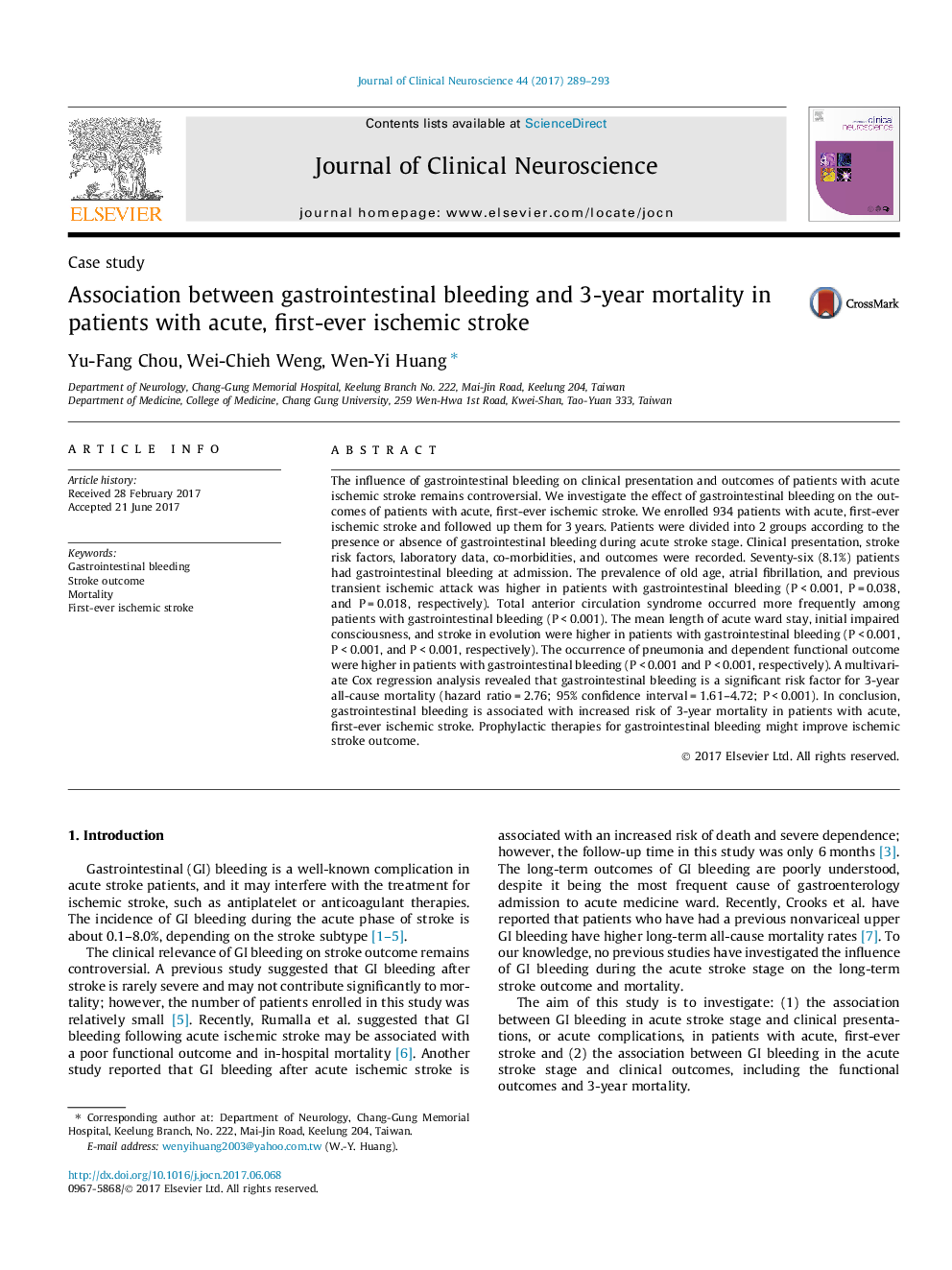 Case studyAssociation between gastrointestinal bleeding and 3-year mortality in patients with acute, first-ever ischemic stroke