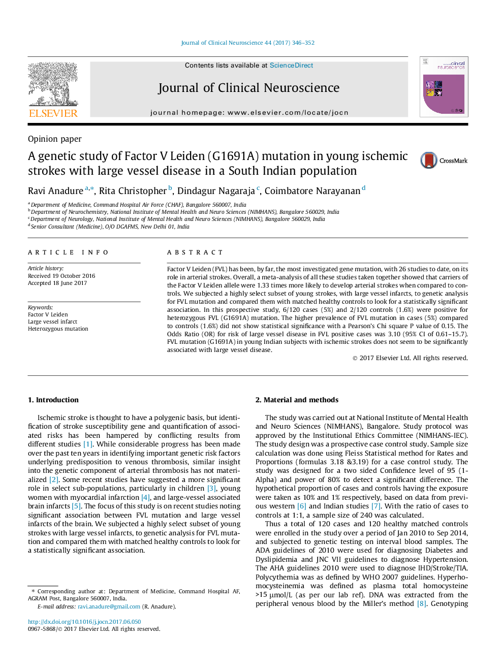 Opinion paperA genetic study of Factor V Leiden (G1691A) mutation in young ischemic strokes with large vessel disease in a South Indian population