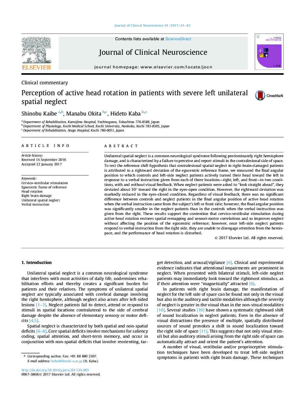 Clinical commentaryPerception of active head rotation in patients with severe left unilateral spatial neglect