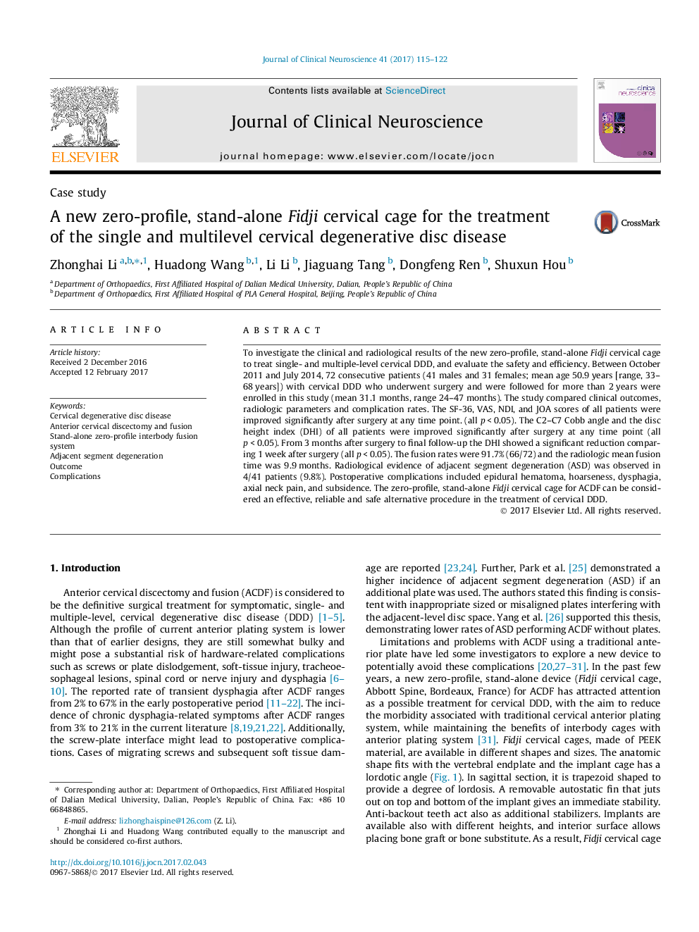 A new zero-profile, stand-alone Fidji cervical cage for the treatment of the single and multilevel cervical degenerative disc disease