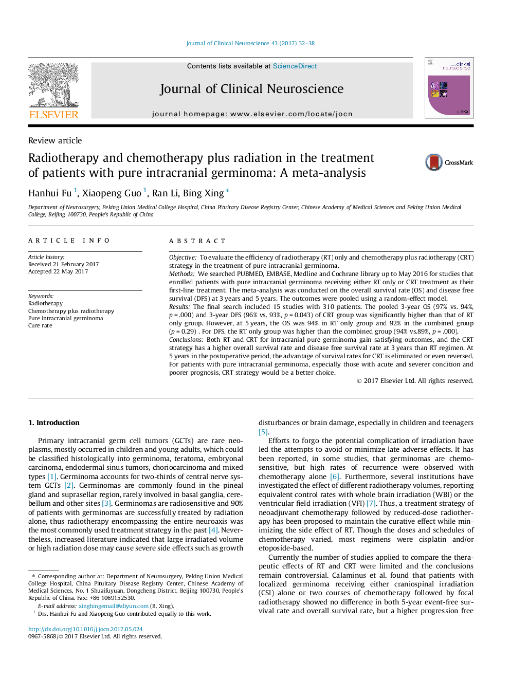 Review articleRadiotherapy and chemotherapy plus radiation in the treatment of patients with pure intracranial germinoma: A meta-analysis