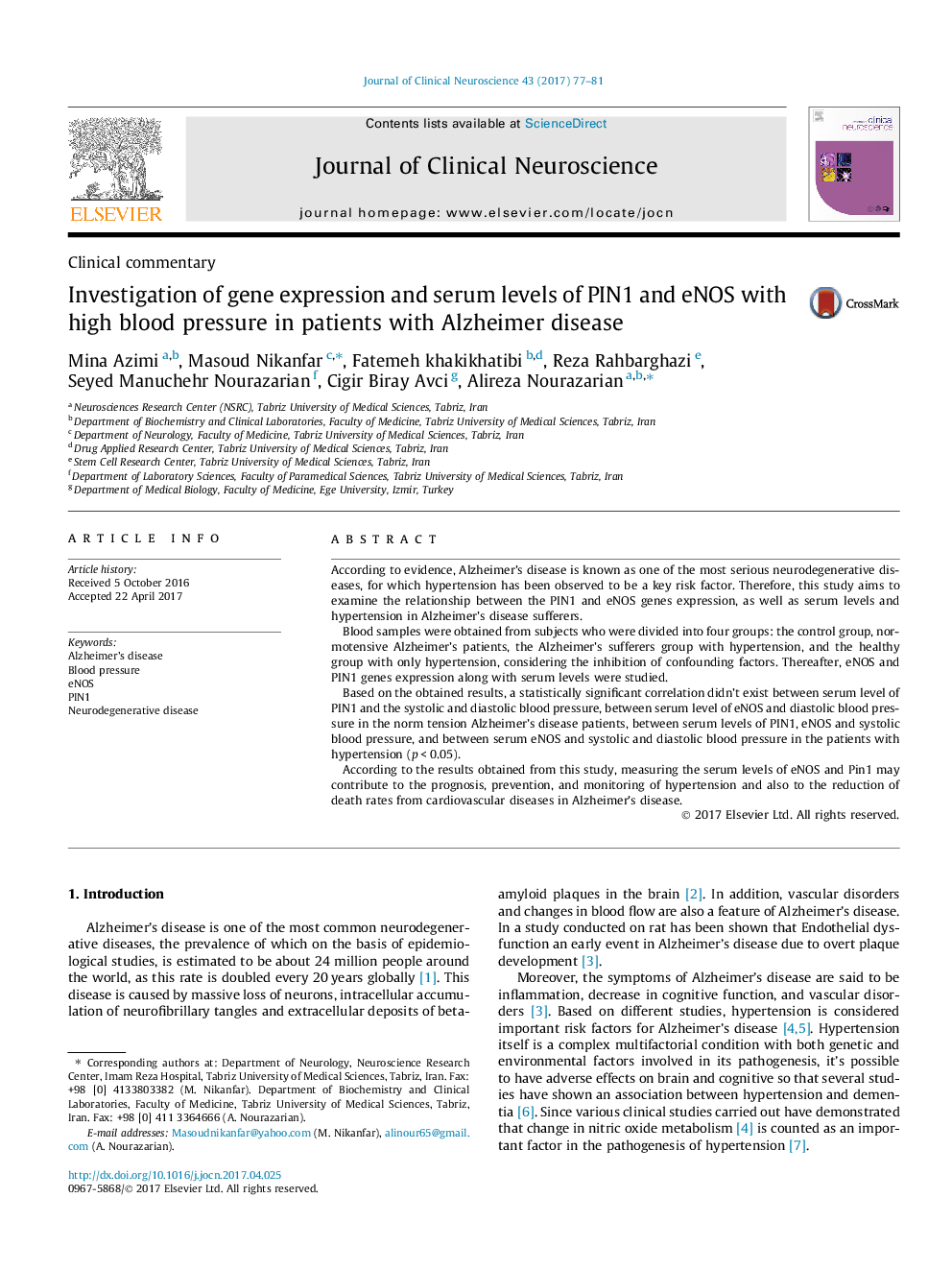 Clinical commentaryInvestigation of gene expression and serum levels of PIN1 and eNOS with high blood pressure in patients with Alzheimer disease