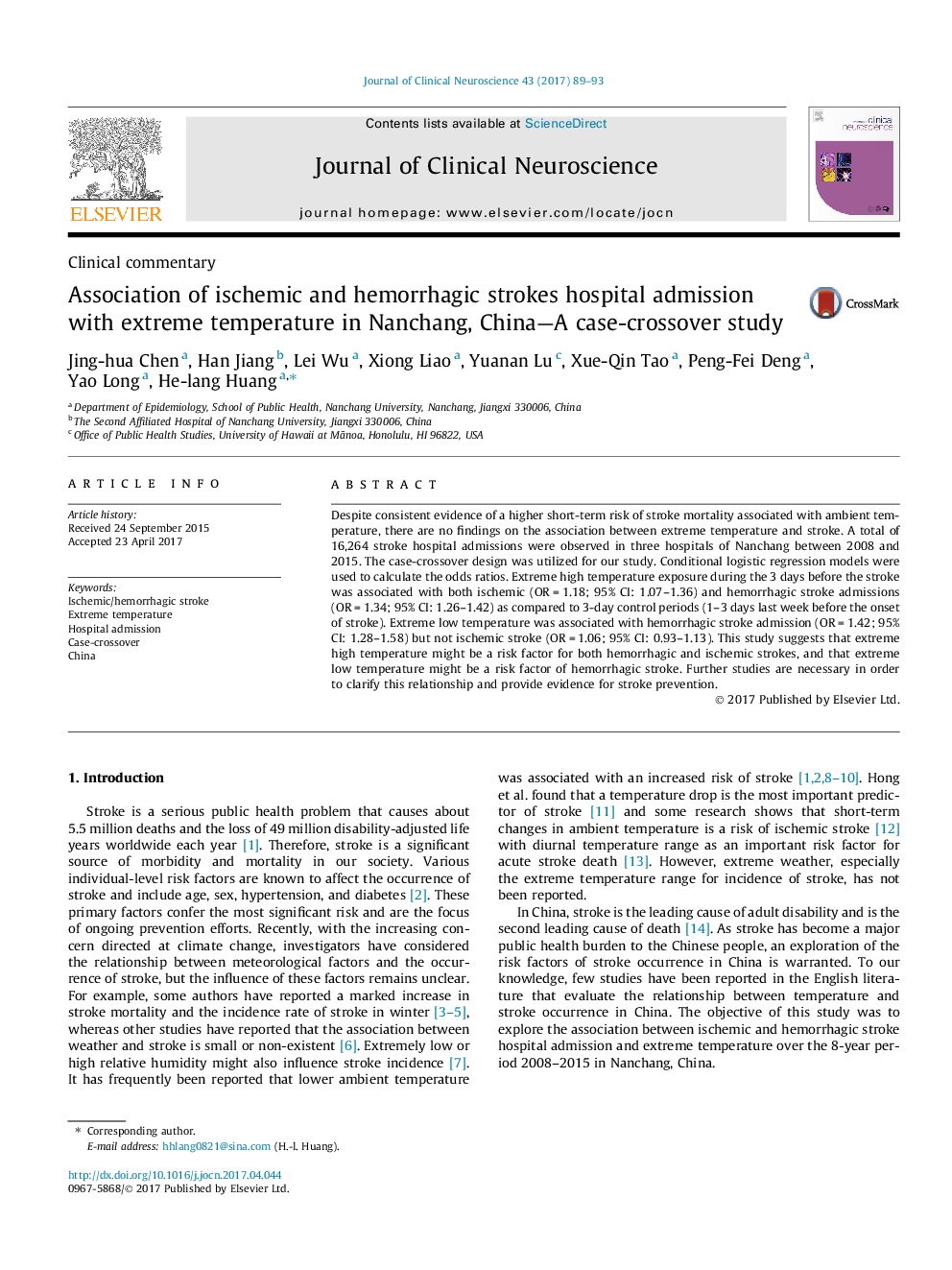 Clinical commentaryAssociation of ischemic and hemorrhagic strokes hospital admission with extreme temperature in Nanchang, China-A case-crossover study