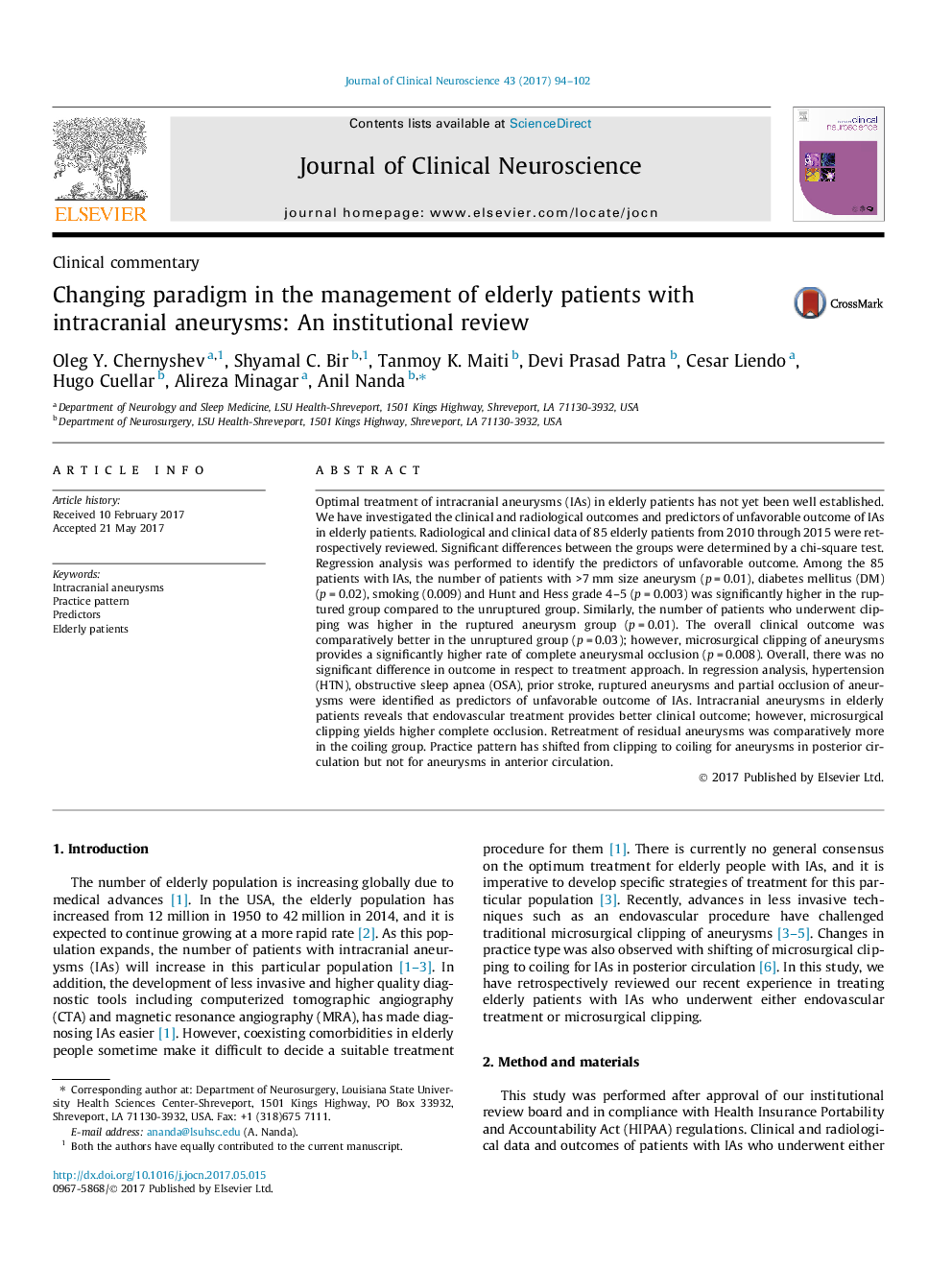 Clinical commentaryChanging paradigm in the management of elderly patients with intracranial aneurysms: An institutional review