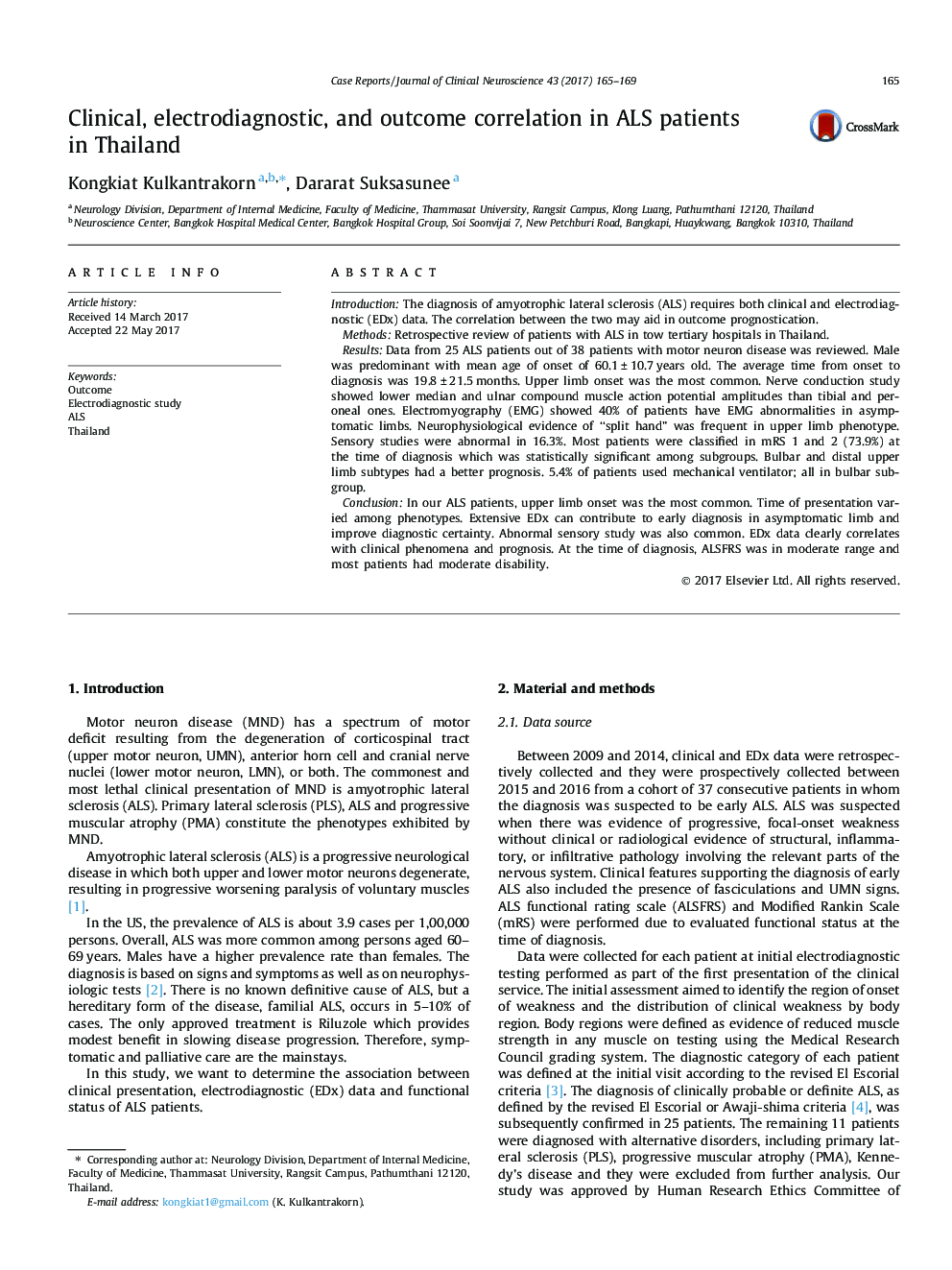 Case reportClinical, electrodiagnostic, and outcome correlation in ALS patients in Thailand