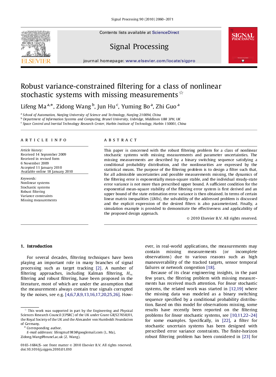 Robust variance-constrained filtering for a class of nonlinear stochastic systems with missing measurements 