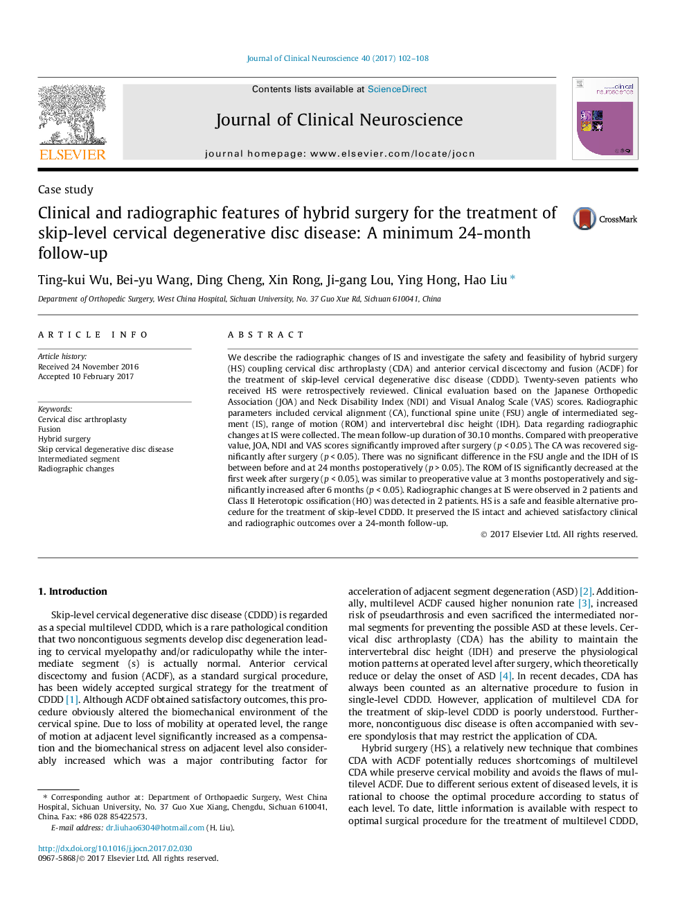 Case studyClinical and radiographic features of hybrid surgery for the treatment of skip-level cervical degenerative disc disease: A minimum 24-month follow-up