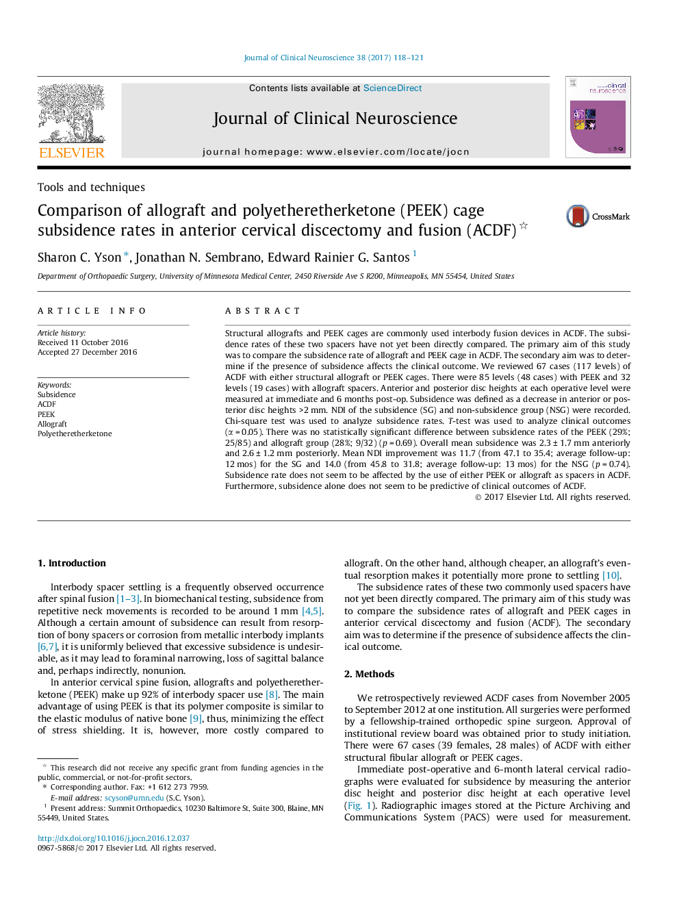 Tools and techniquesComparison of allograft and polyetheretherketone (PEEK) cage subsidence rates in anterior cervical discectomy and fusion (ACDF)