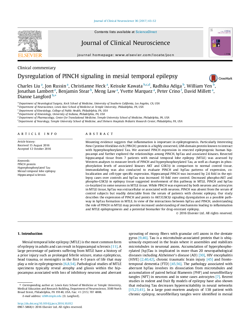 Clinical commentaryDysregulation of PINCH signaling in mesial temporal epilepsy