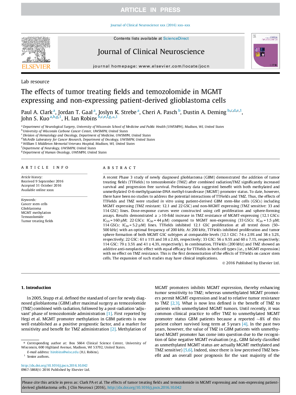 The effects of tumor treating fields and temozolomide in MGMT expressing and non-expressing patient-derived glioblastoma cells