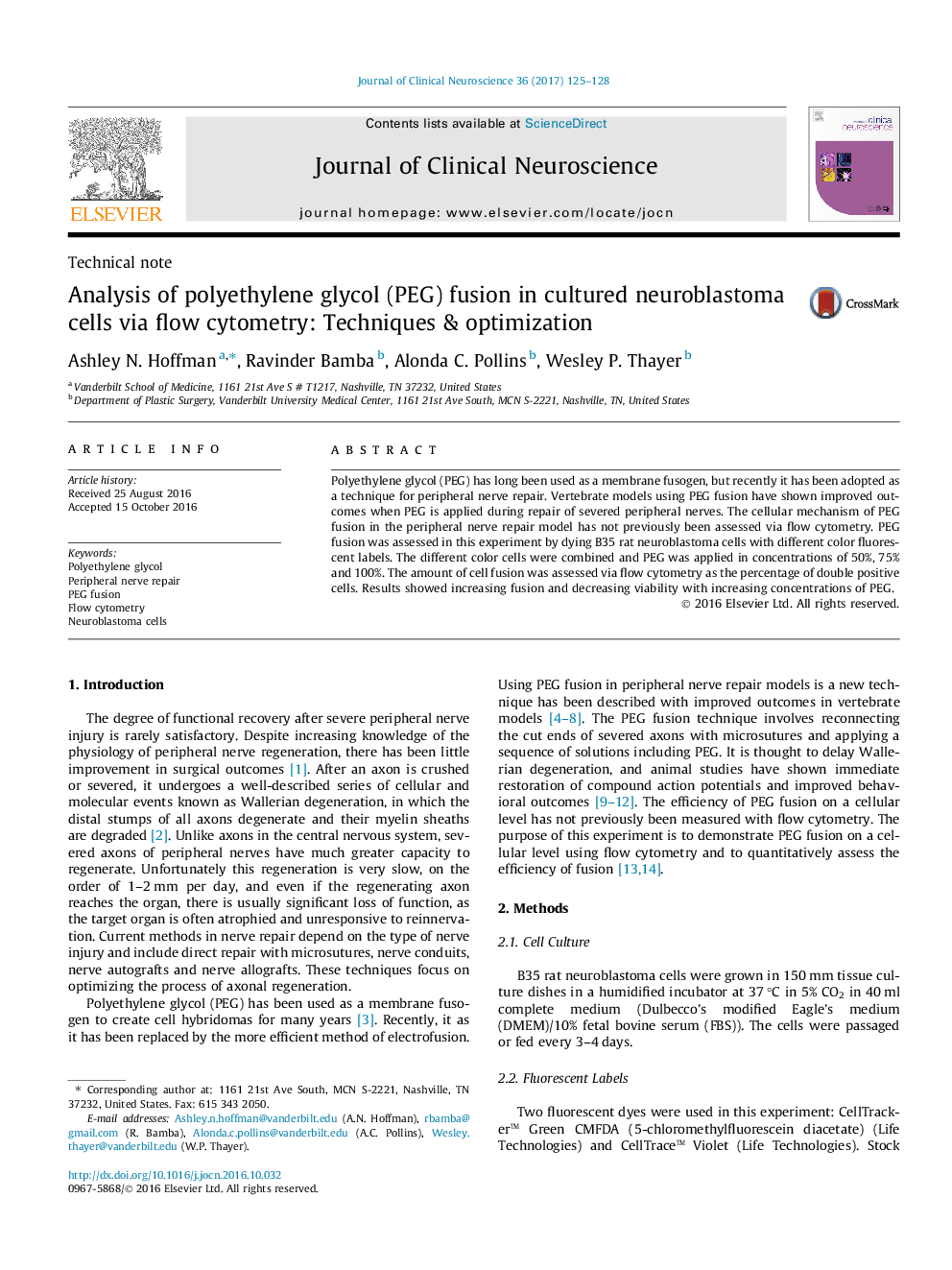 Technical noteAnalysis of polyethylene glycol (PEG) fusion in cultured neuroblastoma cells via flow cytometry: Techniques & optimization