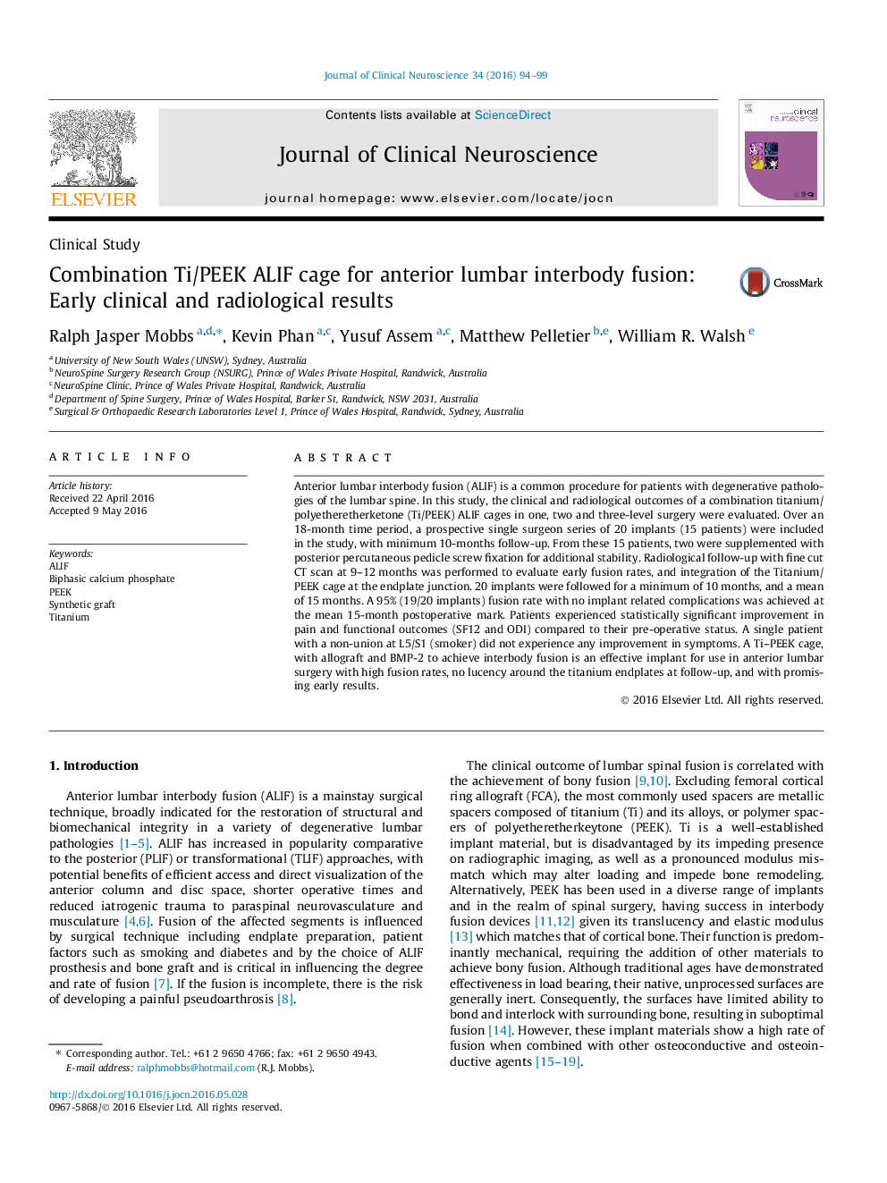 Clinical StudyCombination Ti/PEEK ALIF cage for anterior lumbar interbody fusion: Early clinical and radiological results