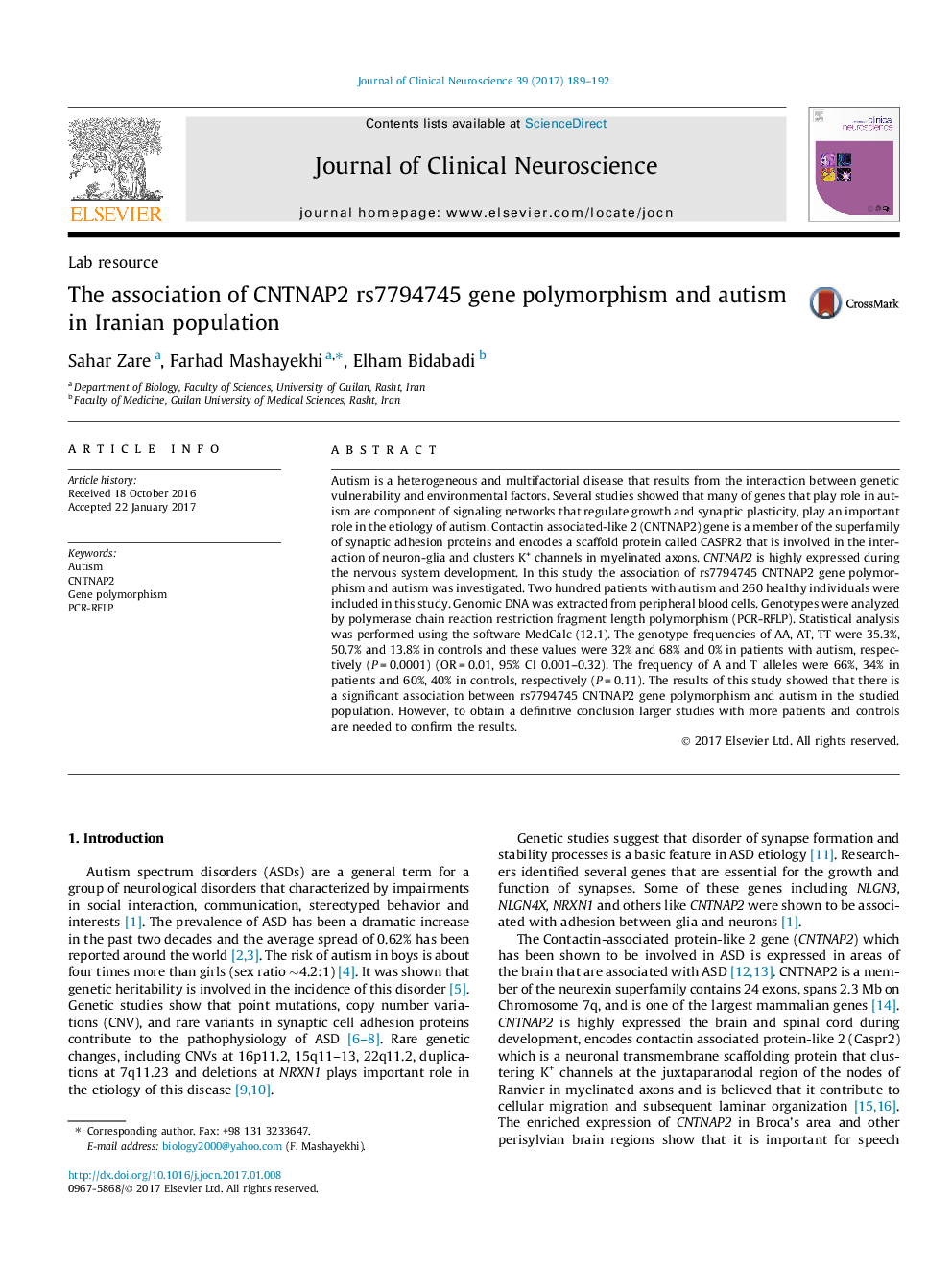 Lab resourceThe association of CNTNAP2 rs7794745 gene polymorphism and autism in Iranian population