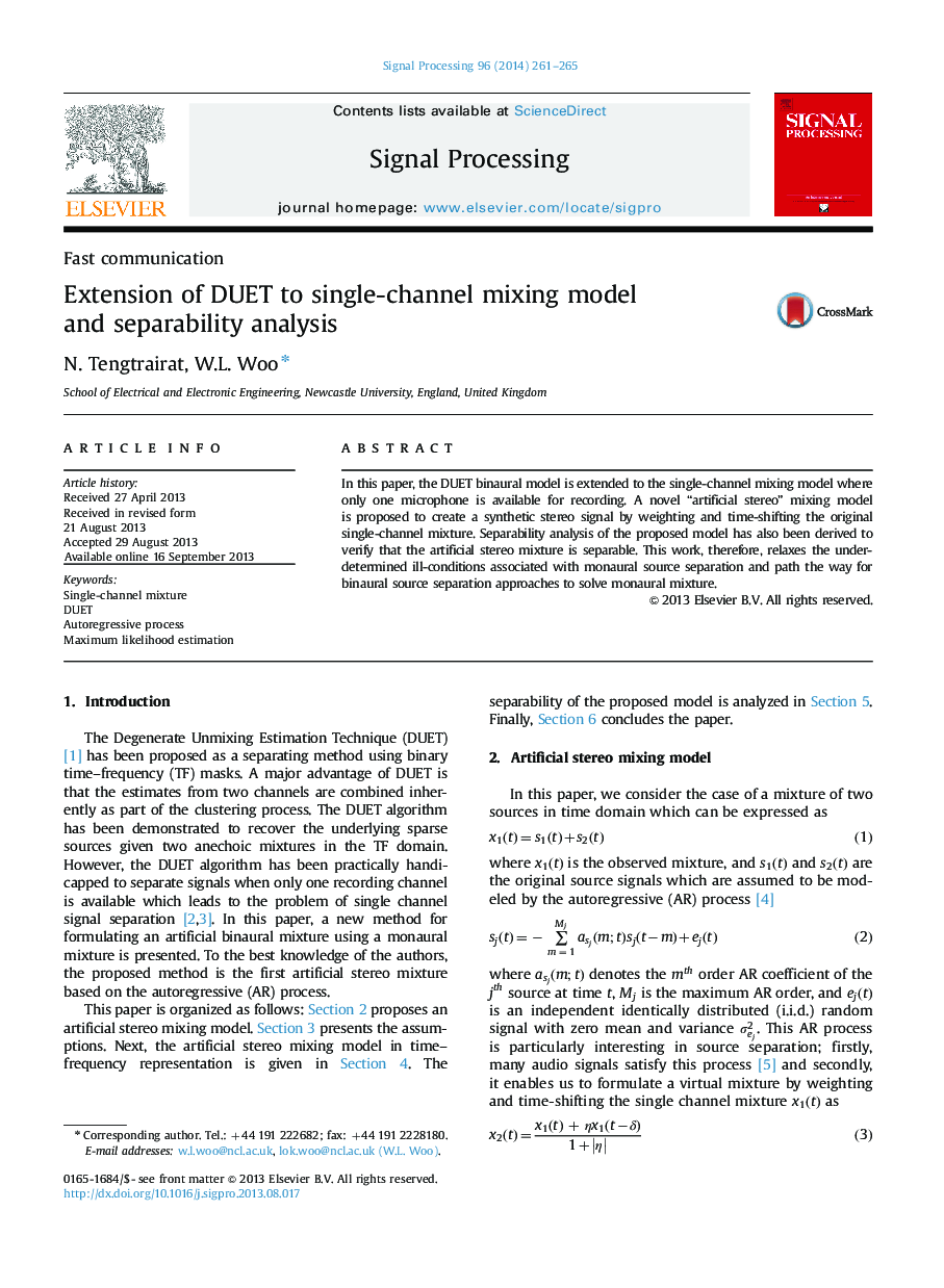 Extension of DUET to single-channel mixing model and separability analysis