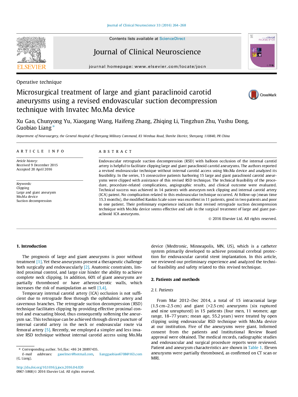 Operative techniqueMicrosurgical treatment of large and giant paraclinoid carotid aneurysms using a revised endovascular suction decompression technique with Invatec Mo.Ma device