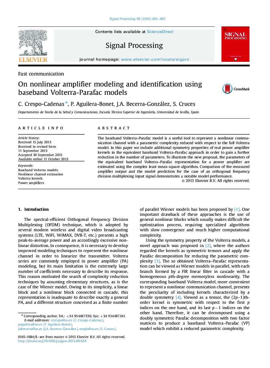 On nonlinear amplifier modeling and identification using baseband Volterra-Parafac models