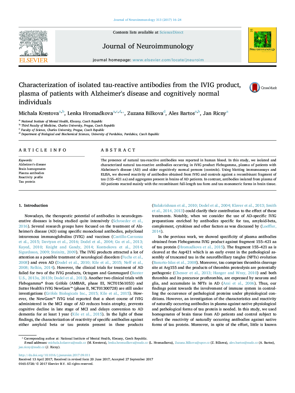 Characterization of isolated tau-reactive antibodies from the IVIG product, plasma of patients with Alzheimer's disease and cognitively normal individuals