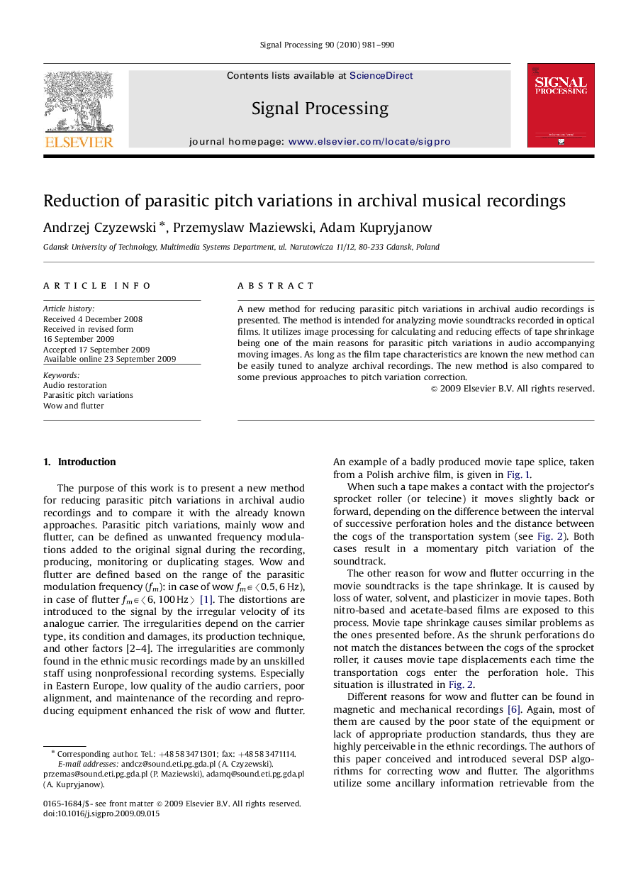 Reduction of parasitic pitch variations in archival musical recordings