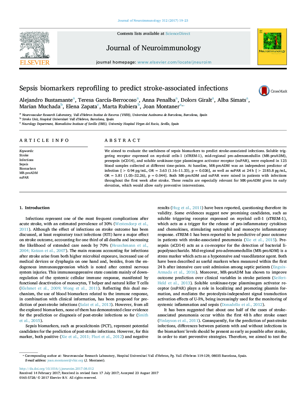 Sepsis biomarkers reprofiling to predict stroke-associated infections