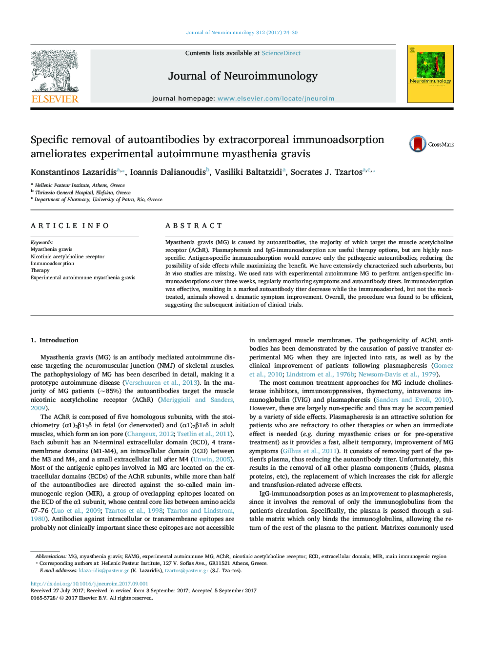 Specific removal of autoantibodies by extracorporeal immunoadsorption ameliorates experimental autoimmune myasthenia gravis