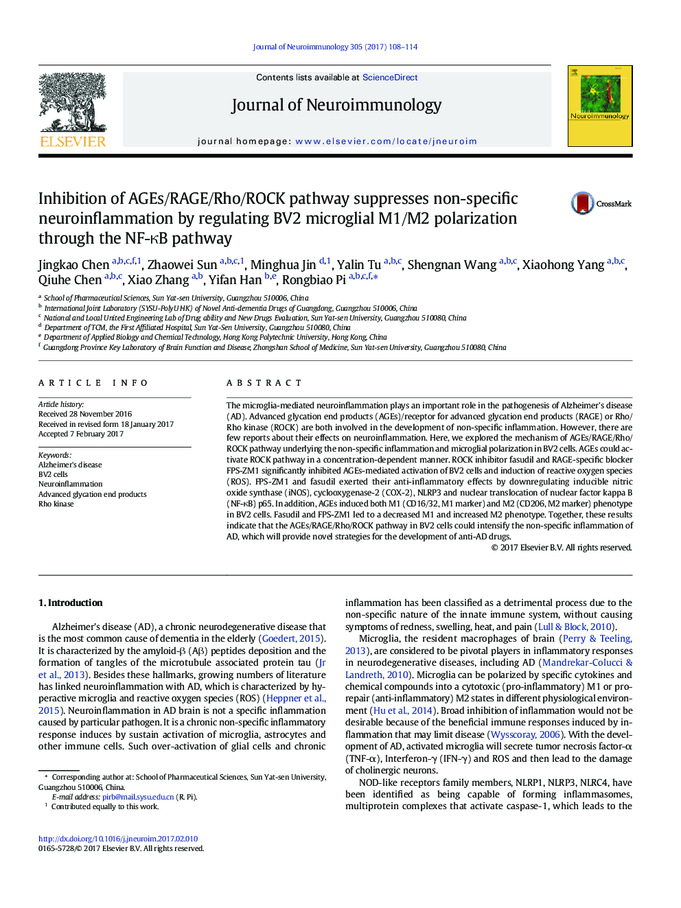 Inhibition of AGEs/RAGE/Rho/ROCK pathway suppresses non-specific neuroinflammation by regulating BV2 microglial M1/M2 polarization through the NF-ÎºB pathway