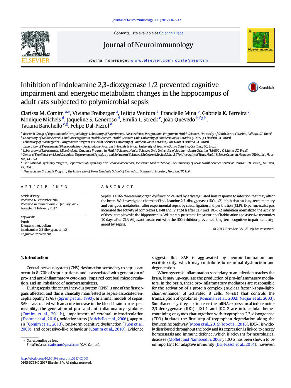 Inhibition of indoleamine 2,3-dioxygenase 1/2 prevented cognitive impairment and energetic metabolism changes in the hippocampus of adult rats subjected to polymicrobial sepsis