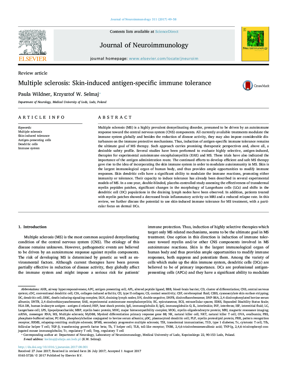 Review articleMultiple sclerosis: Skin-induced antigen-specific immune tolerance