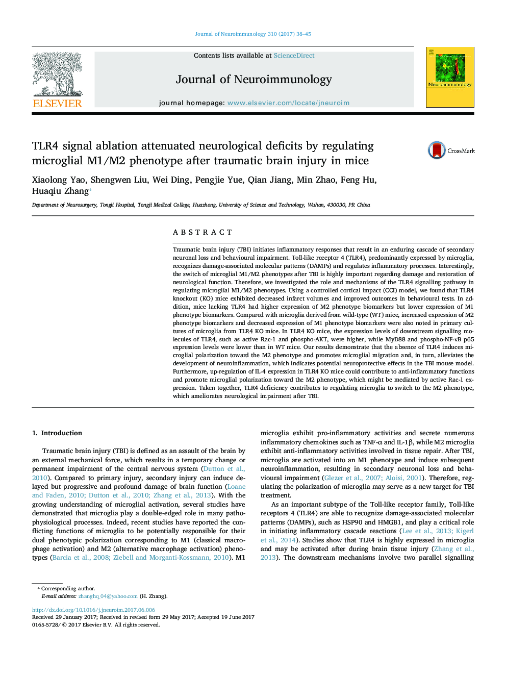 TLR4 signal ablation attenuated neurological deficits by regulating microglial M1/M2 phenotype after traumatic brain injury in mice