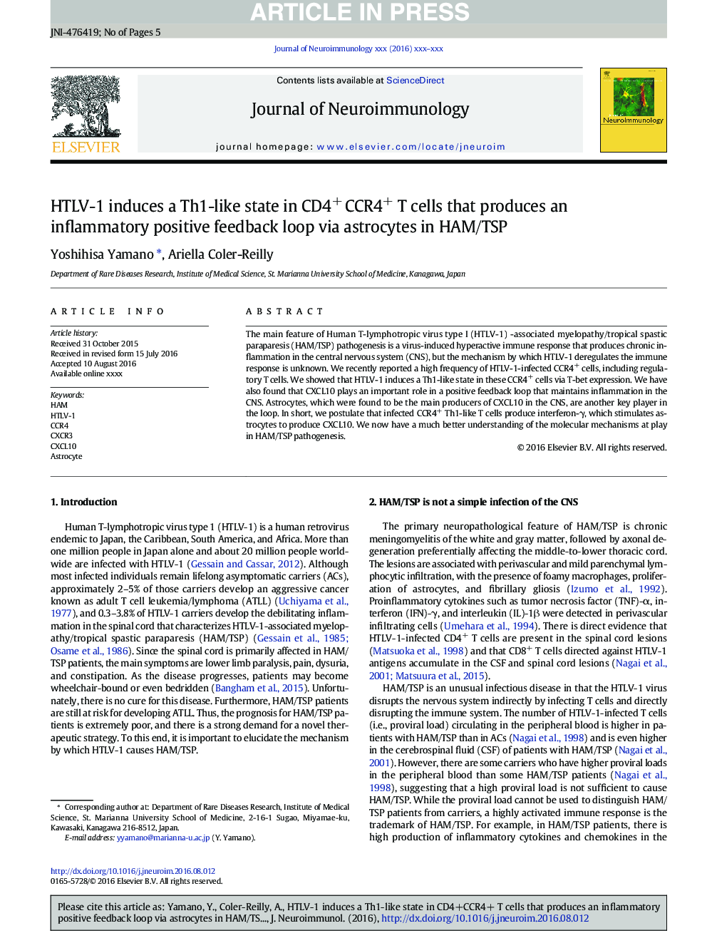 HTLV-1 induces a Th1-like state in CD4+Â CCR4+ T cells that produces an inflammatory positive feedback loop via astrocytes in HAM/TSP