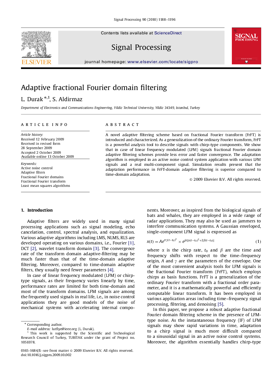 Adaptive fractional Fourier domain filtering