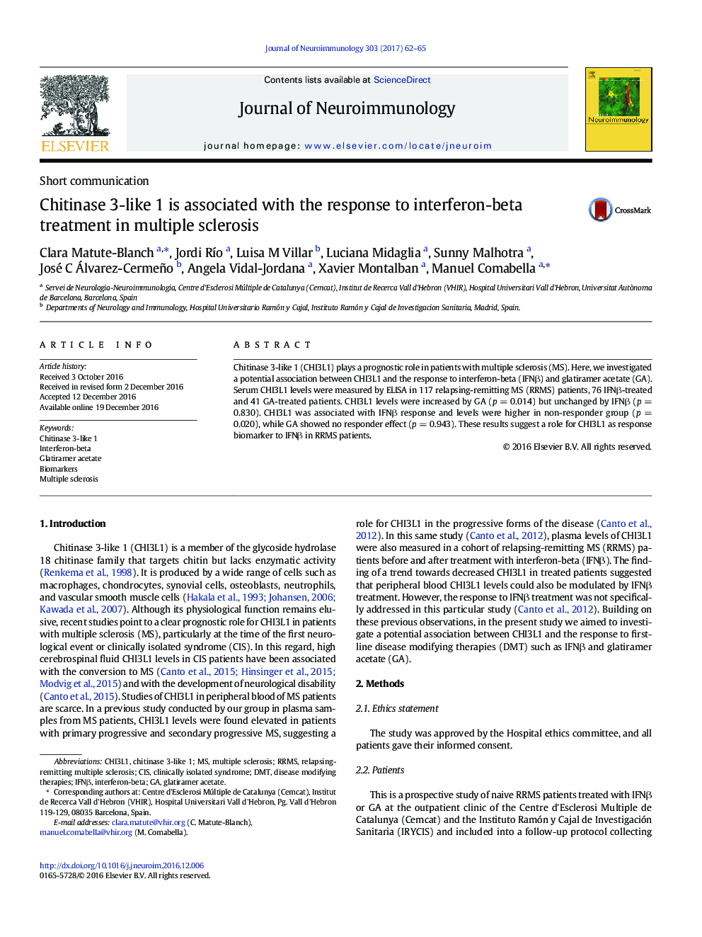 Short communicationChitinase 3-like 1 is associated with the response to interferon-beta treatment in multiple sclerosis