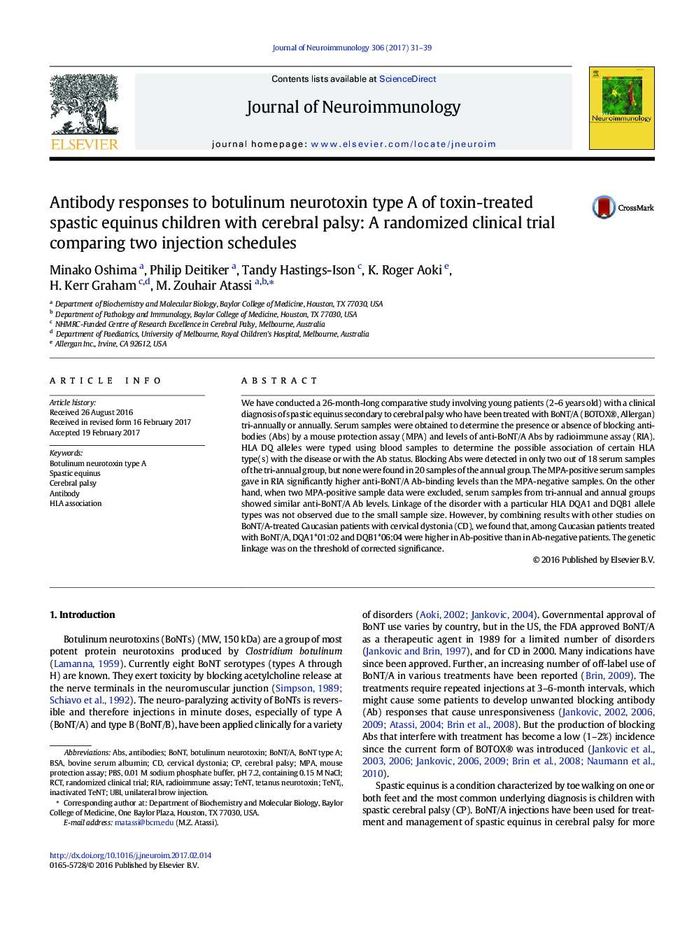 Antibody responses to botulinum neurotoxin type A of toxin-treated spastic equinus children with cerebral palsy: A randomized clinical trial comparing two injection schedules