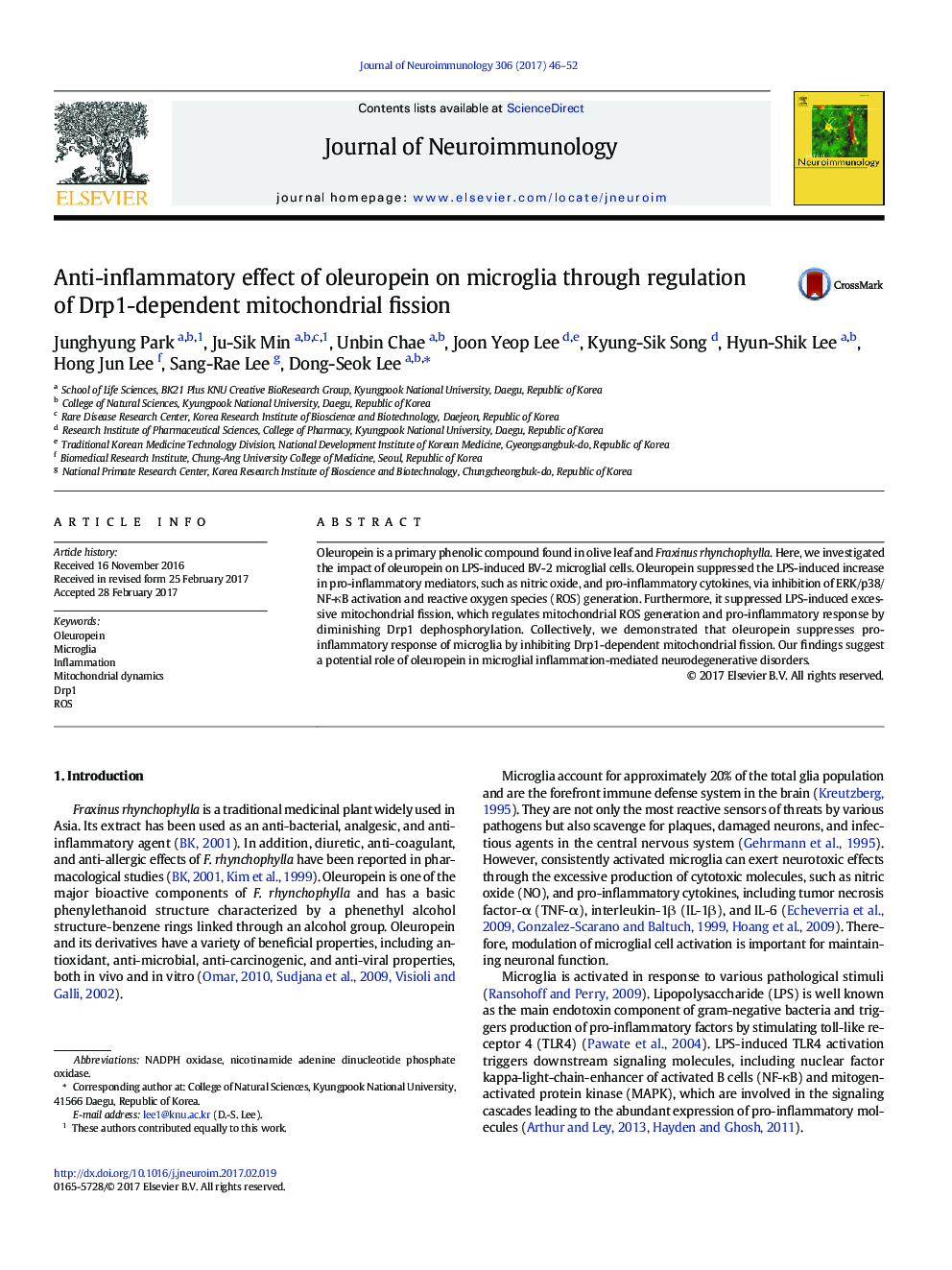 Anti-inflammatory effect of oleuropein on microglia through regulation of Drp1-dependent mitochondrial fission