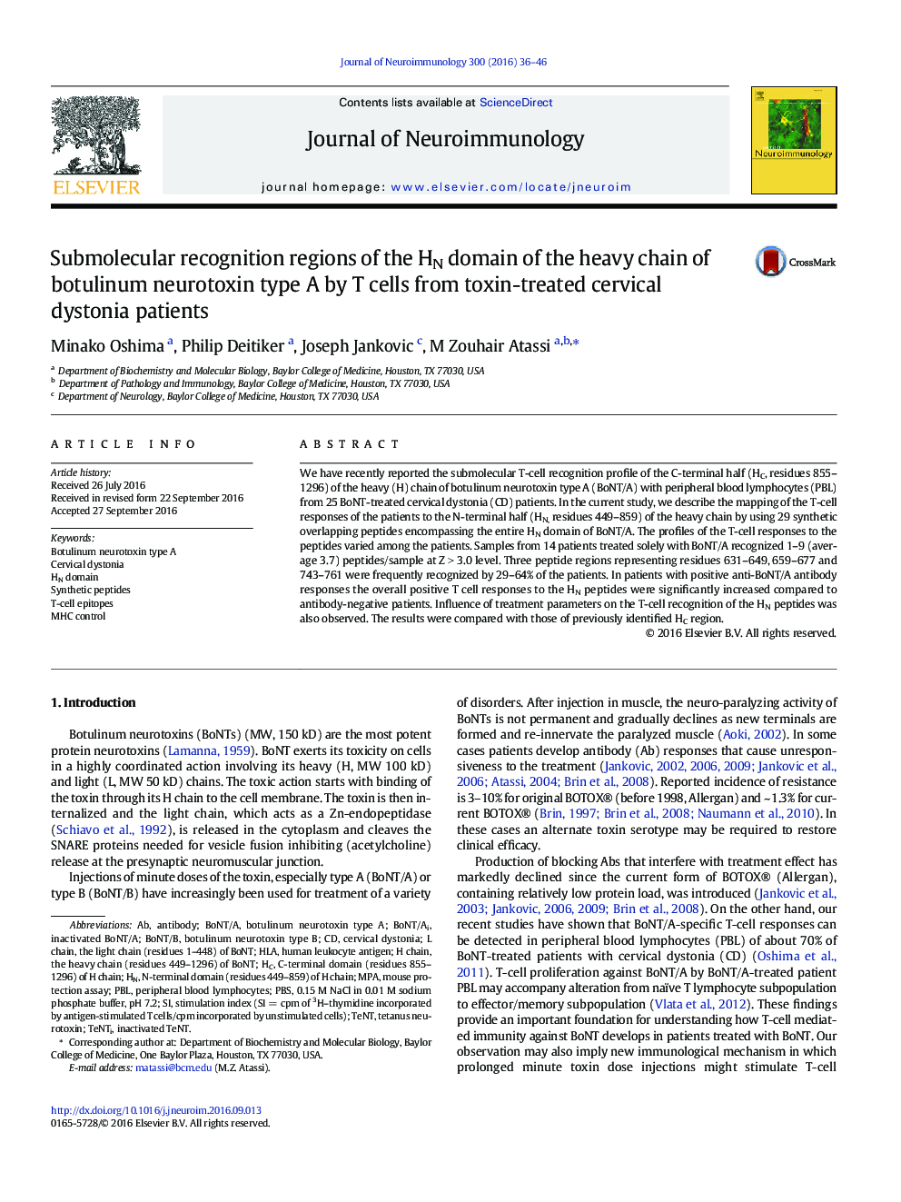 Submolecular recognition regions of the HN domain of the heavy chain of botulinum neurotoxin type A by T cells from toxin-treated cervical dystonia patients