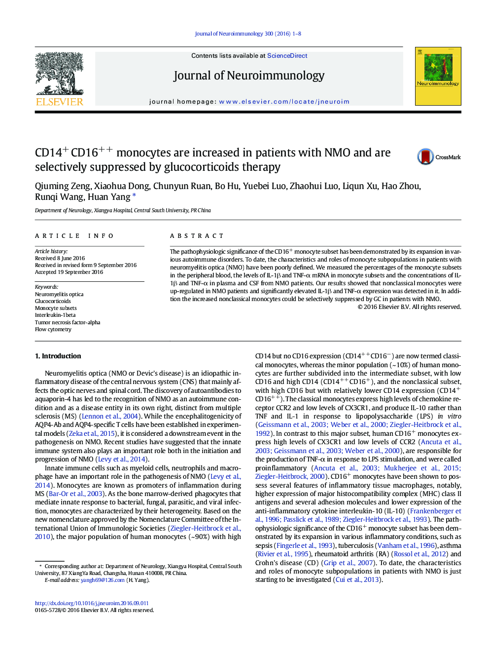 CD14+Â CD16++ monocytes are increased in patients with NMO and are selectively suppressed by glucocorticoids therapy