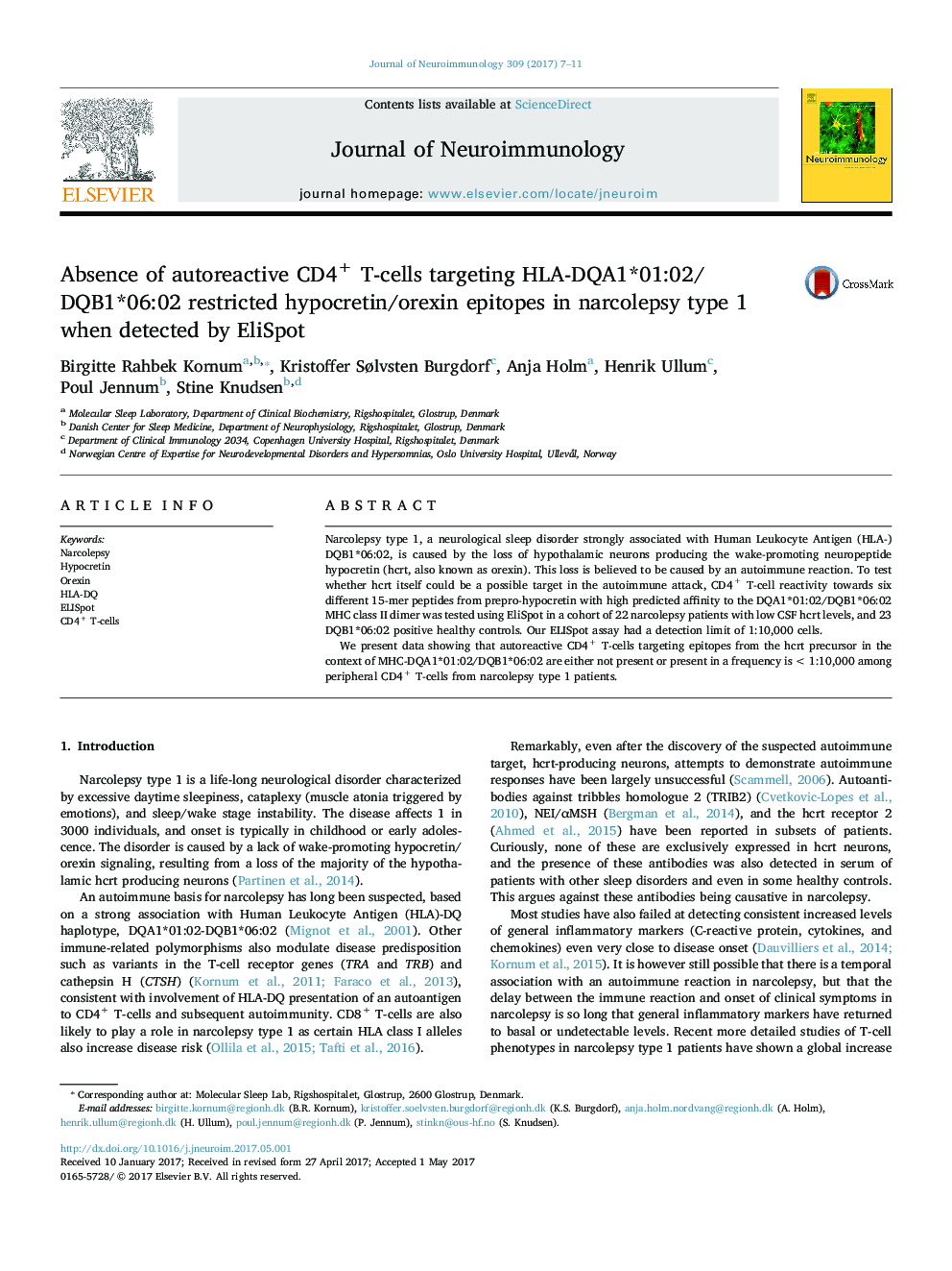 Absence of autoreactive CD4+ T-cells targeting HLA-DQA1*01:02/DQB1*06:02 restricted hypocretin/orexin epitopes in narcolepsy type 1 when detected by EliSpot