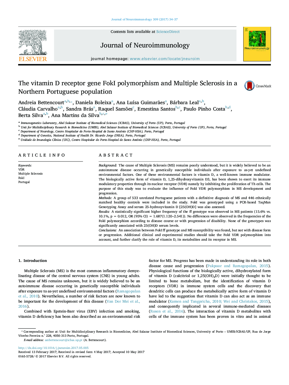 The vitamin D receptor gene FokI polymorphism and Multiple Sclerosis in a Northern Portuguese population