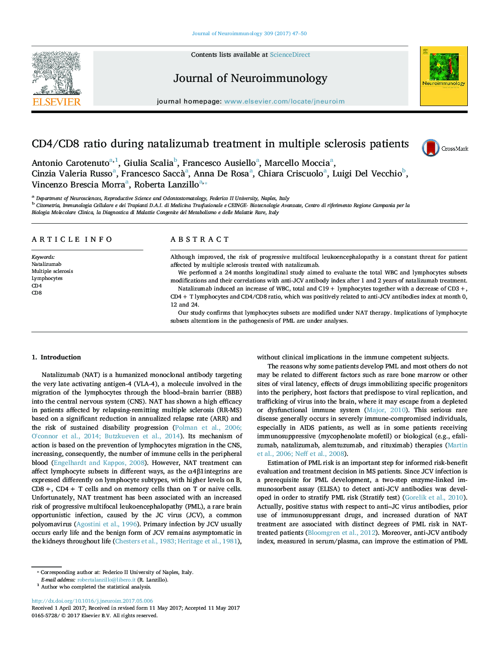 CD4/CD8 ratio during natalizumab treatment in multiple sclerosis patients