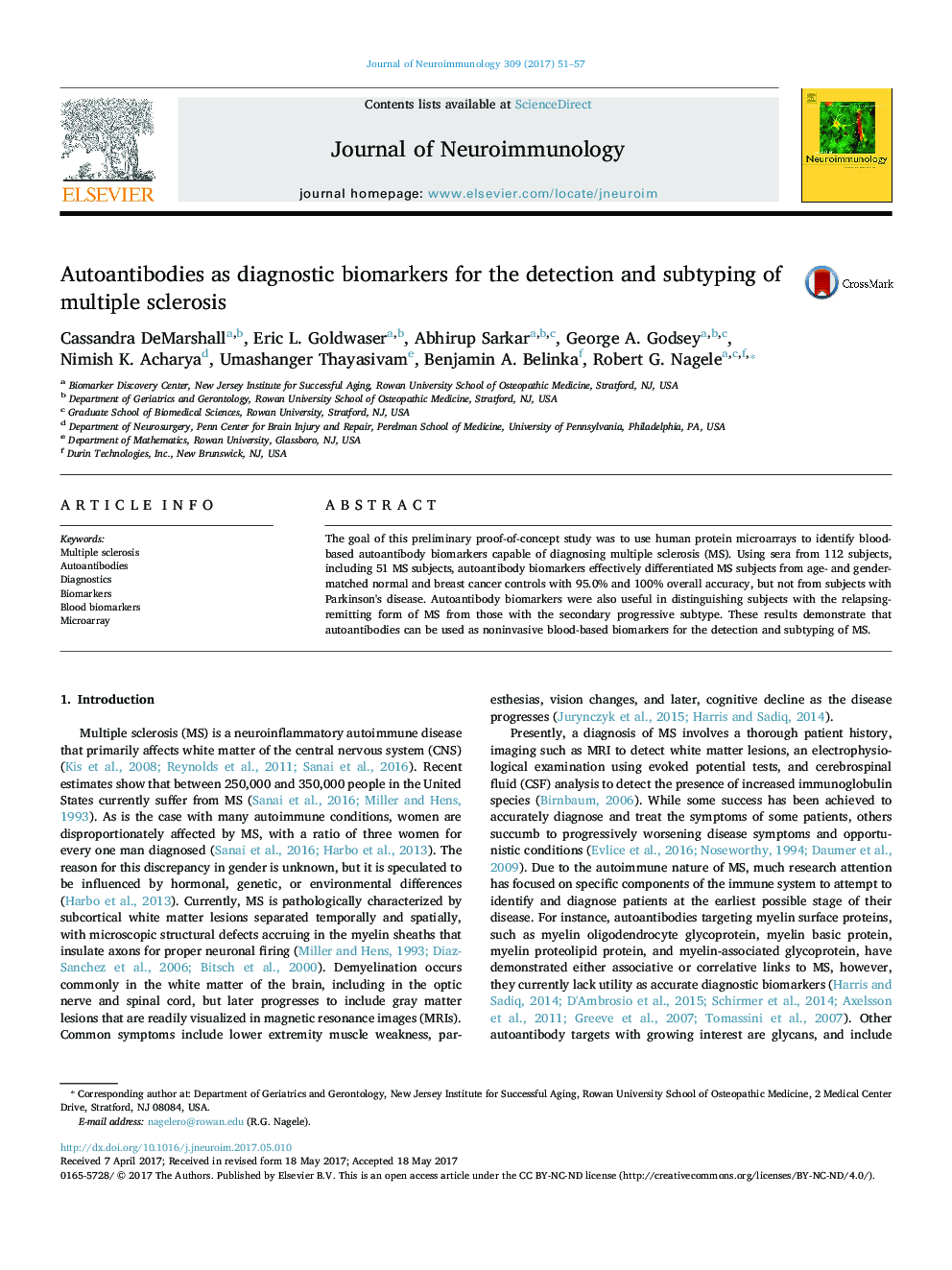 آنتیبادیهای خودکار به عنوان بیومارکرهای تشخیصی برای تشخیص و زیرتیپی مولتیپل اسکلروزیس 