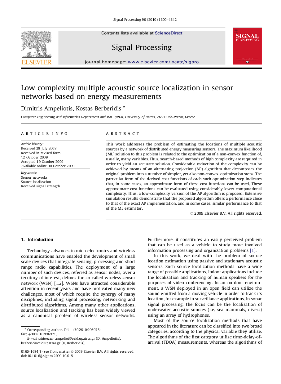 Low complexity multiple acoustic source localization in sensor networks based on energy measurements